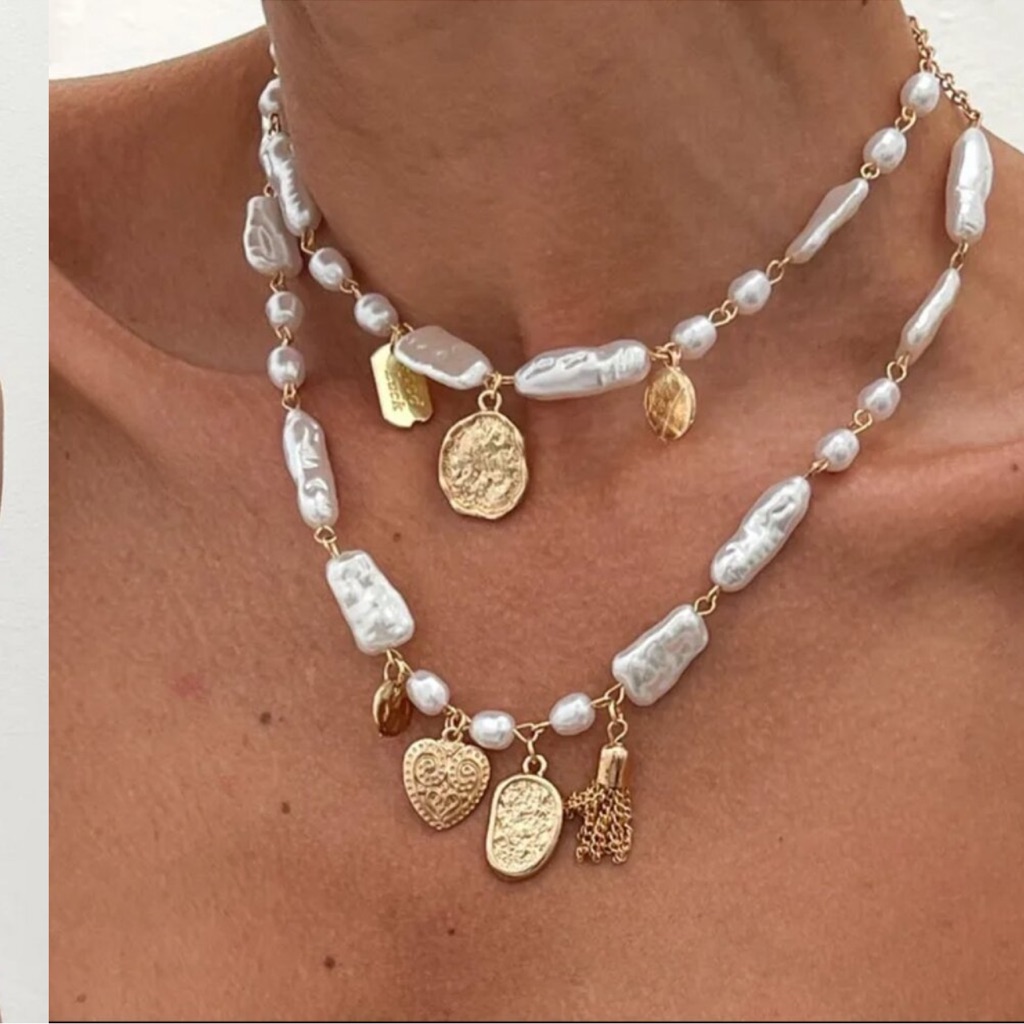 New 18k Gold Plated Freshwater Pearl Boho Layered Statement Necklace